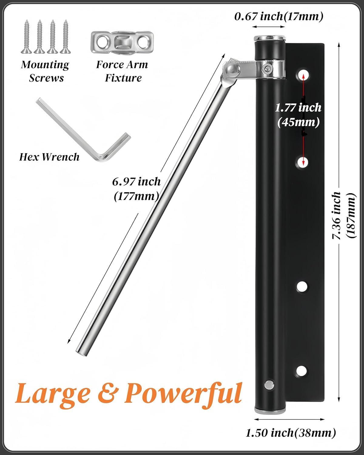 Automatic Door Closer, 150 Degree Opening Angle Safety Spring Self Closing Hinge, Adjustable Catch Speed Closure, Auto Doors Top Latch Soft Close, Stainless Steel with Force Arm, Screws and Wrench