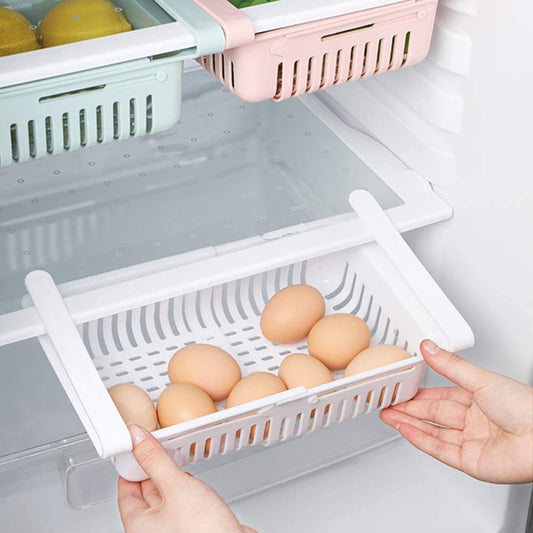 Set of 4 Adjustable Refrigerator plastic Storage Basket, Expandable Fridge Rack, Sliding Vegetable Organizer Tray Freeze Space Saver Drawer