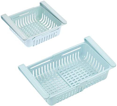 Set of 4 Adjustable Refrigerator plastic Storage Basket, Expandable Fridge Rack, Sliding Vegetable Organizer Tray Freeze Space Saver Drawer