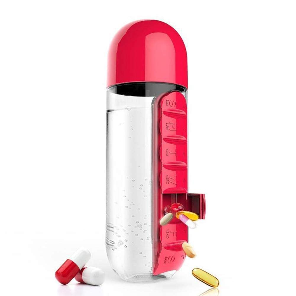 Medicine Pill Box Organizer with Water Bottle, 600ML- mix color/Pack of 1