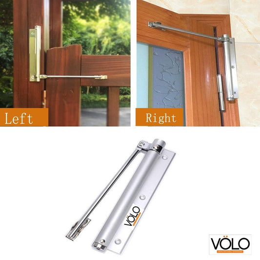 Automatic Door Closer, 150 Degree Opening Angle Safety Spring Self Closing Hinge, Adjustable Catch Speed Closure, Auto Doors Top Latch Soft Close, Stainless Steel with Force Arm, Screws and Wrench