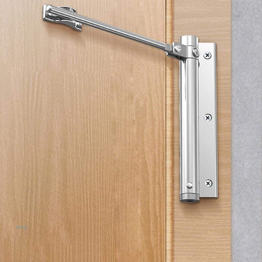 Automatic Door Closer, 150 Degree Opening Angle Safety Spring Self Closing Hinge, Adjustable Catch Speed Closure, Auto Doors Top Latch Soft Close, Stainless Steel with Force Arm, Screws and Wrench