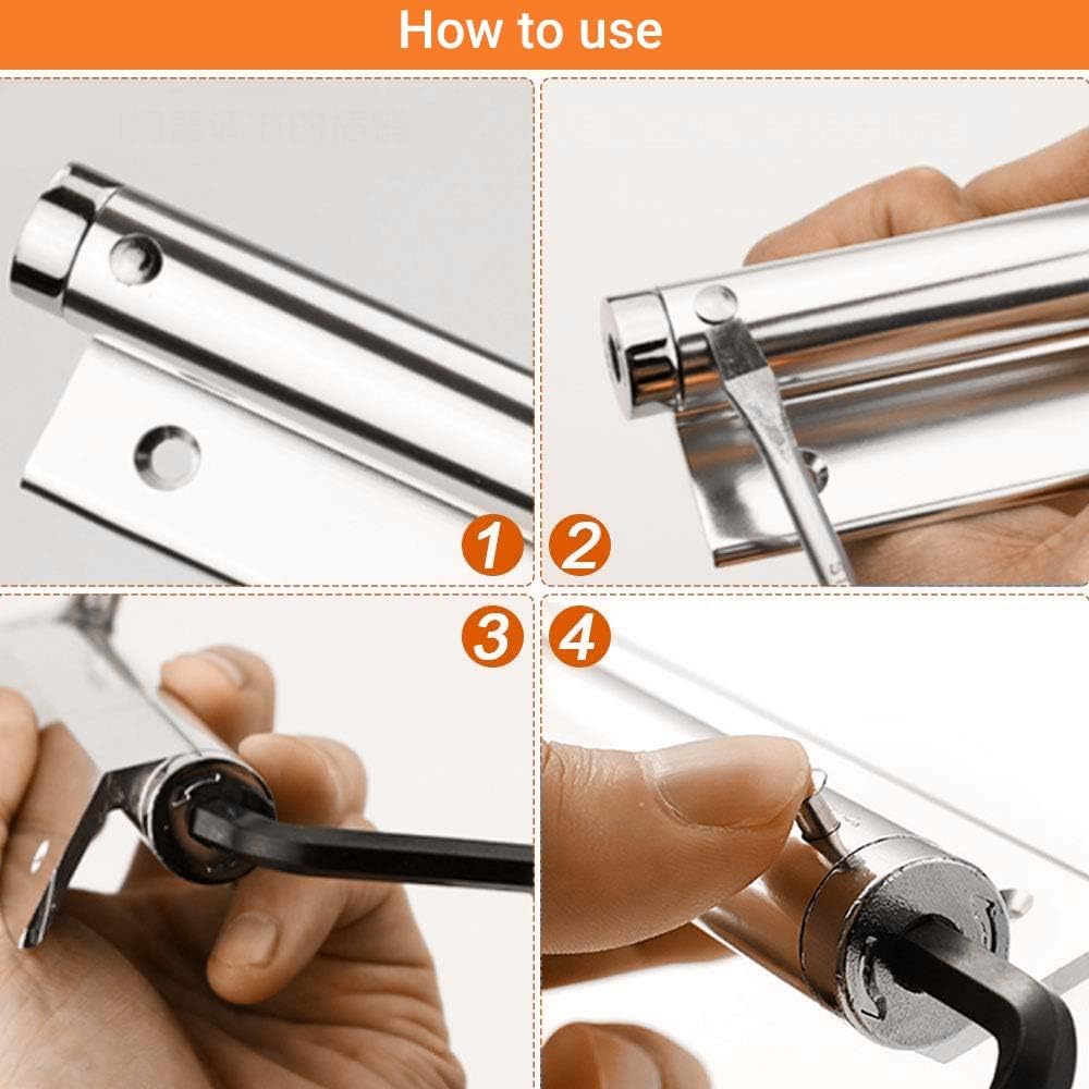 Automatic Door Closer, 150 Degree Opening Angle Safety Spring Self Closing Hinge, Adjustable Catch Speed Closure, Auto Doors Top Latch Soft Close, Stainless Steel with Force Arm, Screws and Wrench