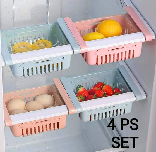 Set of 4 Adjustable Refrigerator plastic Storage Basket, Expandable Fridge Rack, Sliding Vegetable Organizer Tray Freeze Space Saver Drawer