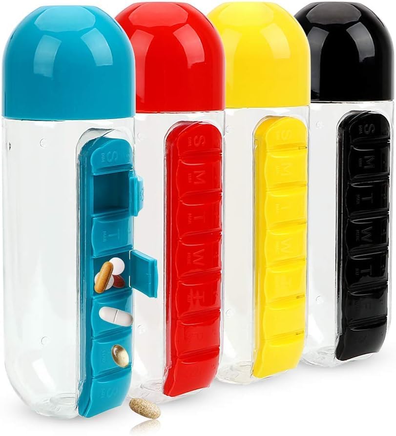 Medicine Pill Box Organizer with Water Bottle, 600ML- mix color/Pack of 1