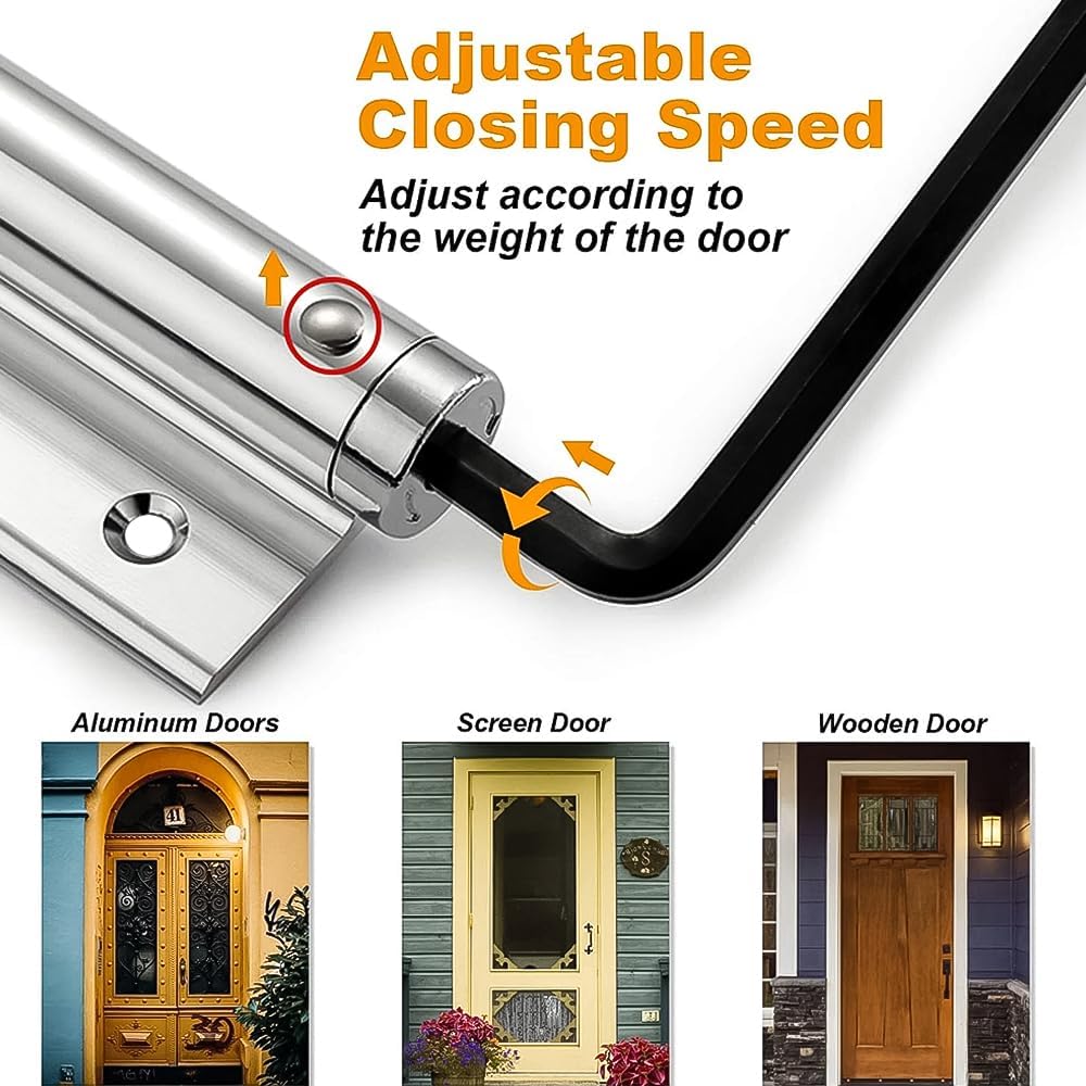 Automatic Door Closer, 150 Degree Opening Angle Safety Spring Self Closing Hinge, Adjustable Catch Speed Closure, Auto Doors Top Latch Soft Close, Stainless Steel with Force Arm, Screws and Wrench