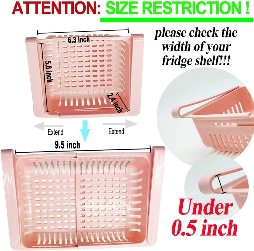 Set of 4 Adjustable Refrigerator plastic Storage Basket, Expandable Fridge Rack, Sliding Vegetable Organizer Tray Freeze Space Saver Drawer
