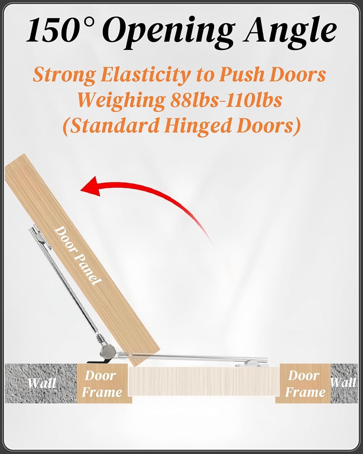 Automatic Door Closer, 150 Degree Opening Angle Safety Spring Self Closing Hinge, Adjustable Catch Speed Closure, Auto Doors Top Latch Soft Close, Stainless Steel with Force Arm, Screws and Wrench