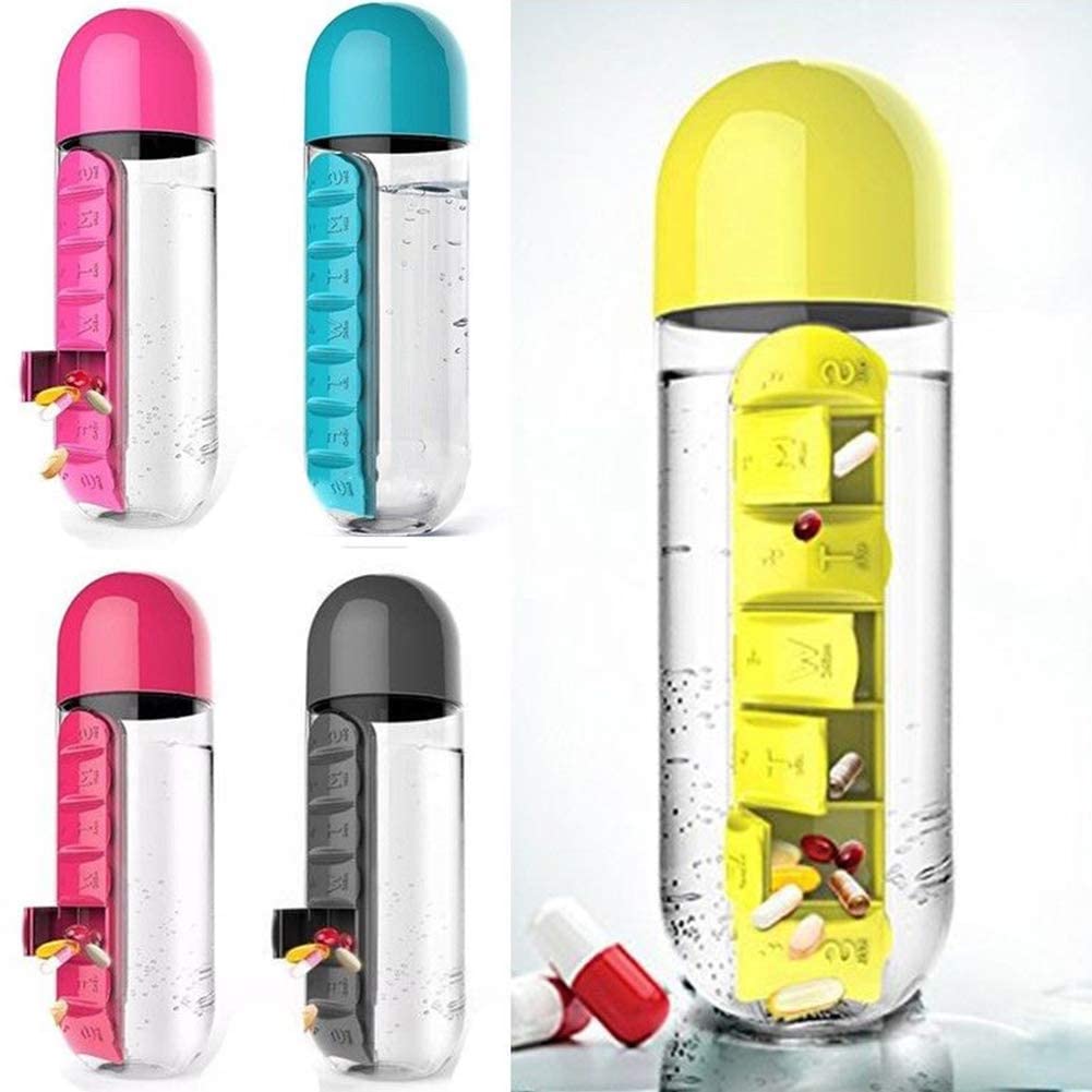 Medicine Pill Box Organizer with Water Bottle, 600ML- mix color/Pack of 1
