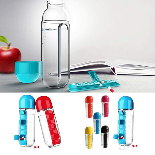 Medicine Pill Box Organizer with Water Bottle, 600ML- mix color/Pack of 1