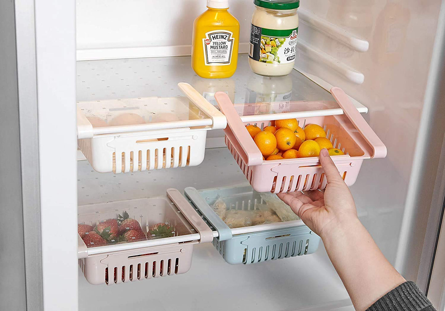 Set of 4 Adjustable Refrigerator plastic Storage Basket, Expandable Fridge Rack, Sliding Vegetable Organizer Tray Freeze Space Saver Drawer