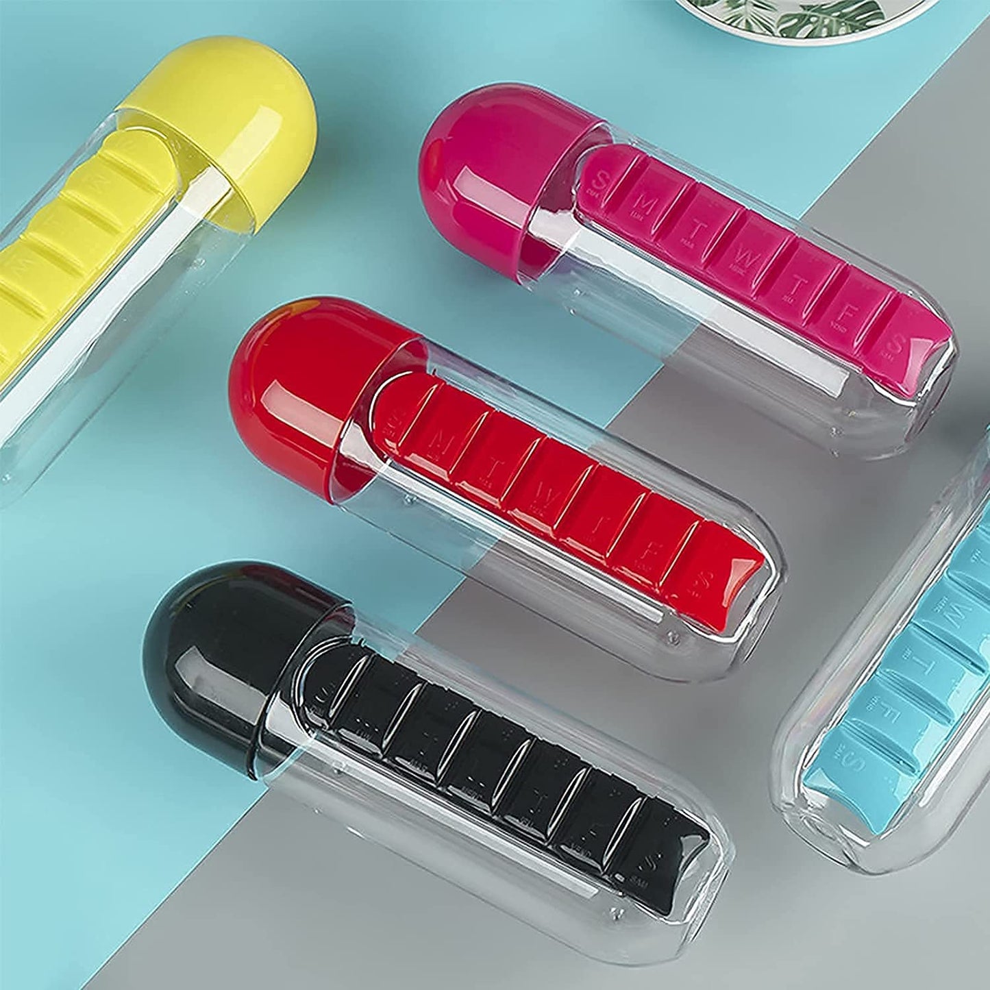 Medicine Pill Box Organizer with Water Bottle, 600ML- mix color/Pack of 1