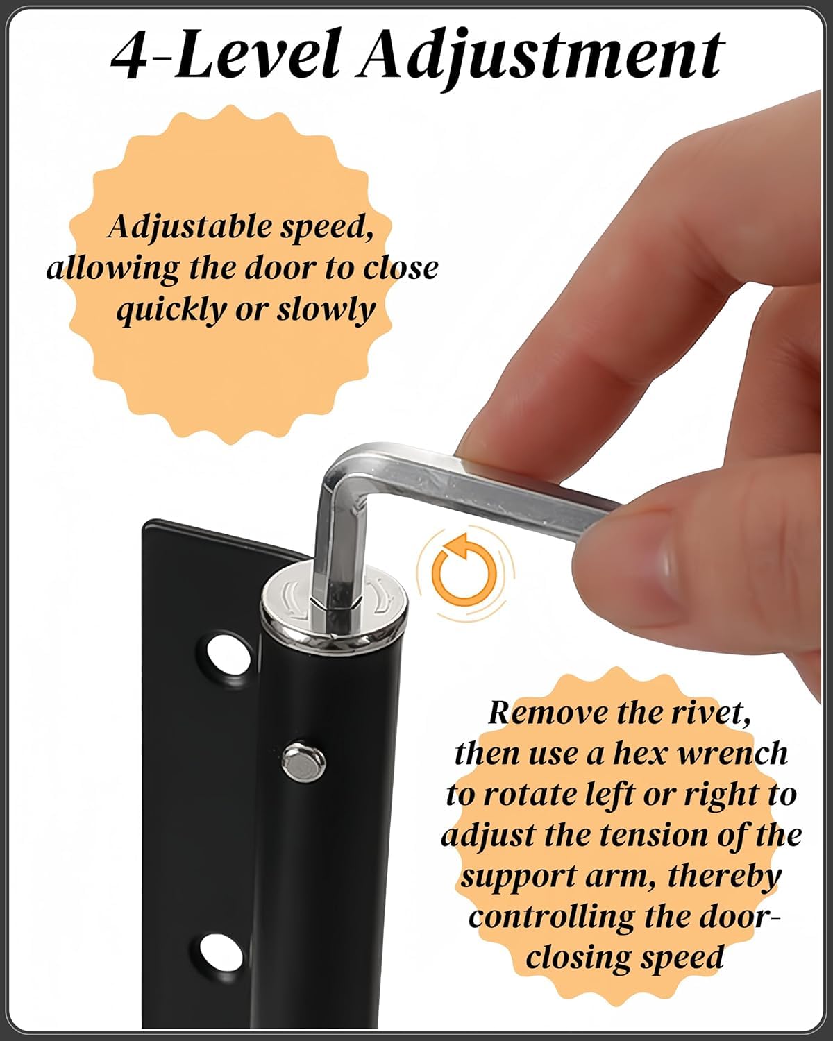 Automatic Door Closer, 150 Degree Opening Angle Safety Spring Self Closing Hinge, Adjustable Catch Speed Closure, Auto Doors Top Latch Soft Close, Stainless Steel with Force Arm, Screws and Wrench